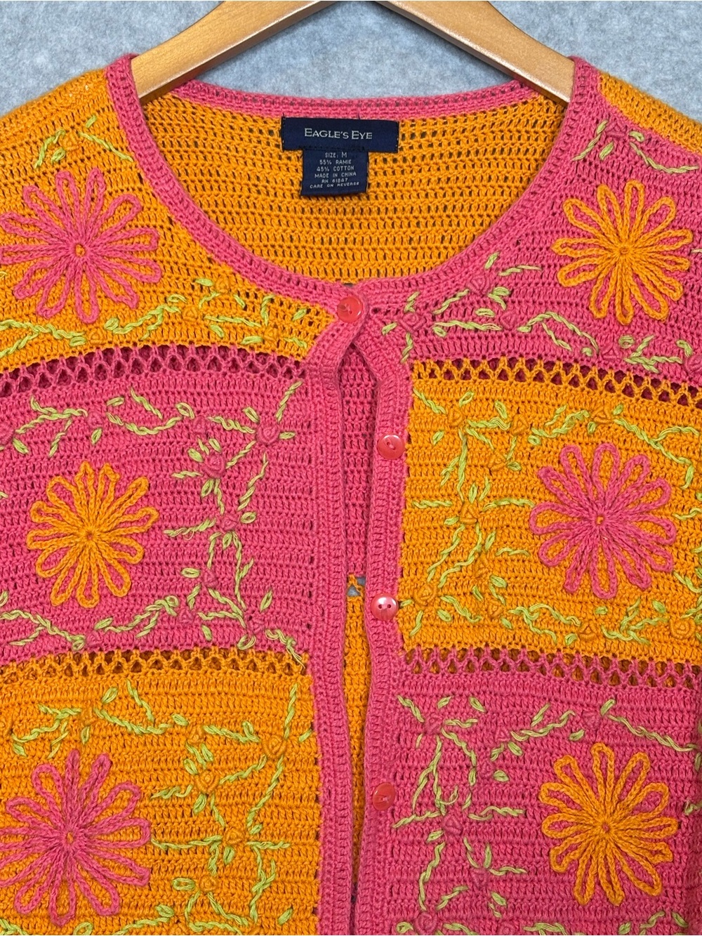 Eagle's Eye Vintage Short-Sleeve Crochet Knit Cardigan-Pink/Orange-Women Medium